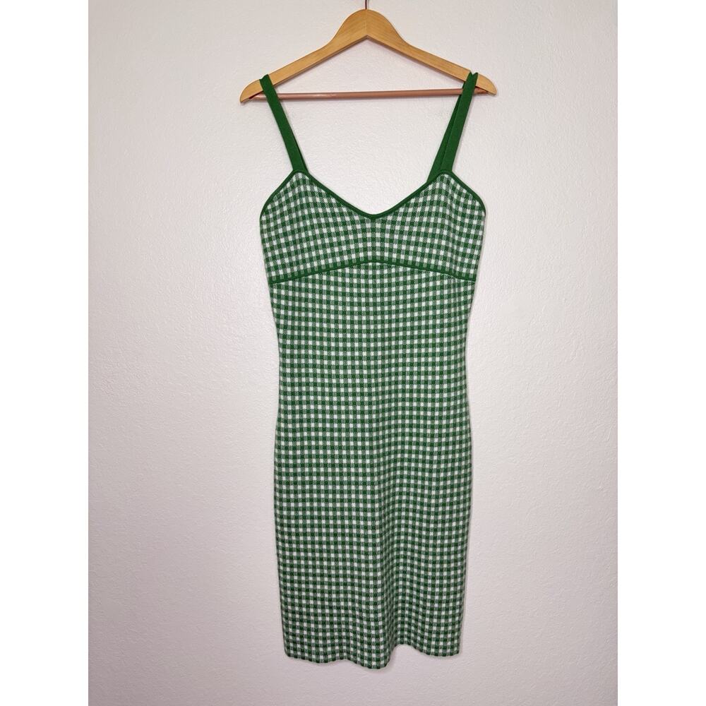 Anthropologie Maeve Gingham Knit Mini Dress Green White Size Medium Cottagecore - Picture 3 of 6